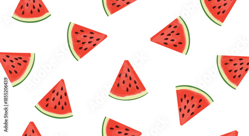 Fresh and juicy seamless summer pattern of red watermelon slices on a clean white background for a refreshing food design.