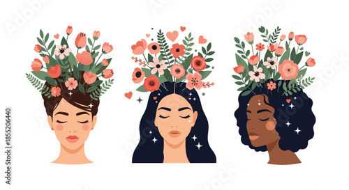 Set of three diverse women with closed eyes and beautiful bouquets of flowers and leaves growing from their heads as hair.
