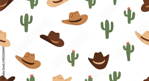 Seamless western pattern with cartoon cowboy hats and saguaro cactus plants on a simple white background for a fun design.