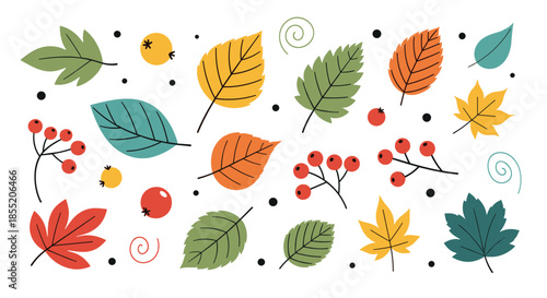 Collection of colorful autumn leaves, berries, and doodle elements in a hand-drawn style for seasonal fall designs.