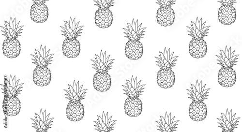 Seamless pattern of hand-drawn pineapples in a black and white sketch line art style, great for a tropical background.