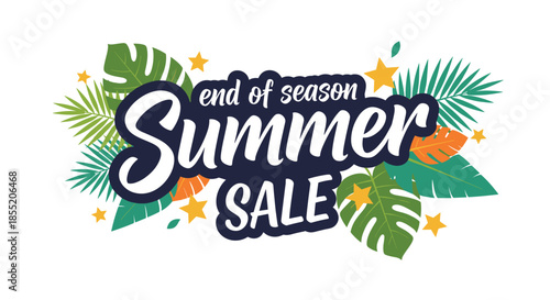 End of season Summer Sale banner with bold typography, tropical leaves, and stars for retail and promotional advertising.