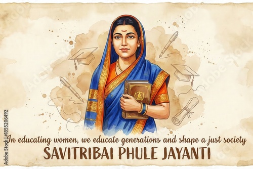 Indian Educator Savitribai Phule. Inspirational Watercolor Design.