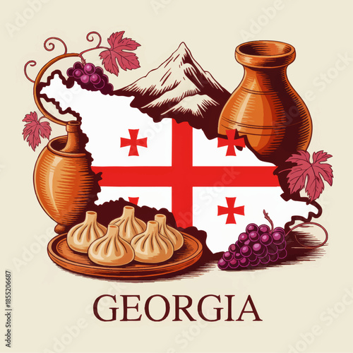 Georgia country illustration with flag map, khinkali dumplings, wine jugs, grapes and Caucasus mountains, traditional Georgian culture art