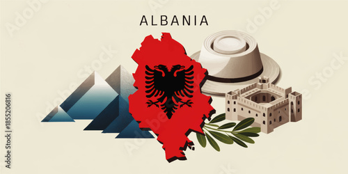 Albania travel illustration with red country map, double headed eagle, mountains, traditional hat, castle fortress and olive branch