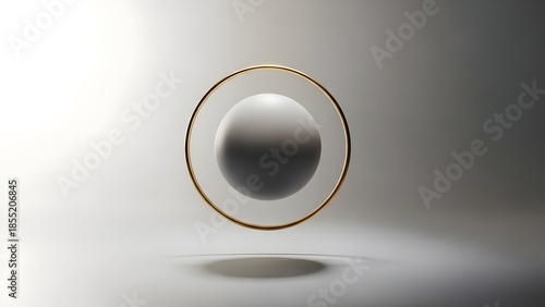 Elegant metallic sphere encircled by gold ring in modern minimalist setting
