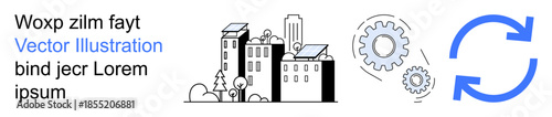 Renewable energy, sustainable technology, urban planning, clean energy, innovation, eco-friendly design. Skyline with solar panels, gears and circular arrows. Renewable energy and sustainable
