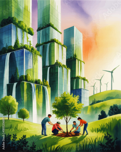 Futuristic eco city with waterfalls and wind turbines as diverse people plant a tree in lush green park at colorful sunrise