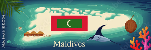 Maldives tropical island travel banner with national flag, lagoon reef, overwater bungalows, manta ray and exotic beach illustration