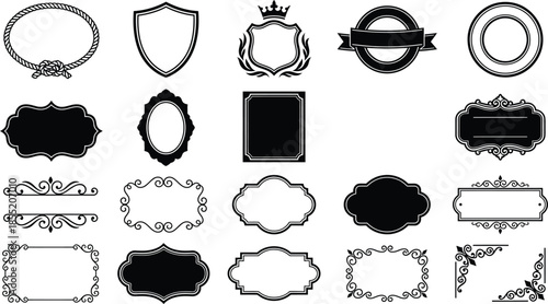 Set of vintage rope frames and shield badges. Vector black nautical border and empty label shapes for logo design.