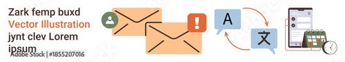 Digital communication, translation services, task management, email notifications, multilingual tools, time planning. Envelopes, speech bubbles phone and calendar graphics. Digital communication