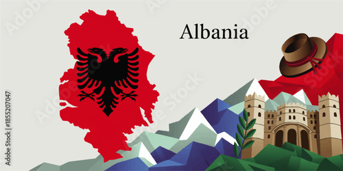 Albania travel illustration with red map, double headed eagle flag, mountains, traditional hat and historic castle landmarks