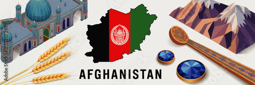 Afghanistan culture vector set with country map flag, mosque landmark, Hindu Kush mountains, wheat, lapis lazuli and traditional crafts