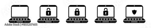 Five laptop security icons set with padlock and shield symbols, black outline computer device collection for cybersecurity protection privacy secure access and data safety, isolated vector