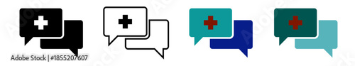Medical chat speech bubble icons set with cross symbol, black and color variants, messaging for healthcare support consultation telemedicine and emergency help, isolated vector illustration