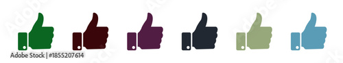 Thumbs up like icons set in multiple colors, hand gesture approval and positive feedback rating symbols for social media reactions and user interface buttons, flat vector illustration isolated