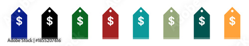 Colorful price tag icons set with dollar symbol, retail sale and shopping labels in multiple colors, discount cost and pricing markers for store or ecommerce, flat vector isolated