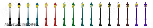 "Set of colorful vintage street lamps in different colors, with each lamp pole in a unique hue, showcasing traditional street lighting."