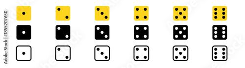 "Set of dice in different colors showing various numbers, with black, yellow, and white dice in the sequence of dots."