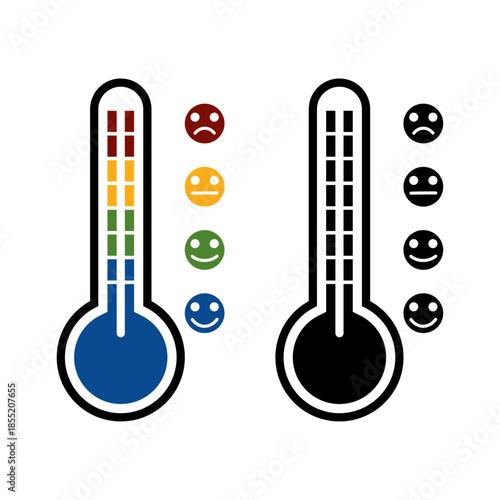 "Thermometer icons showing different temperature levels with corresponding emoticons representing feelings of discomfort or comfort."