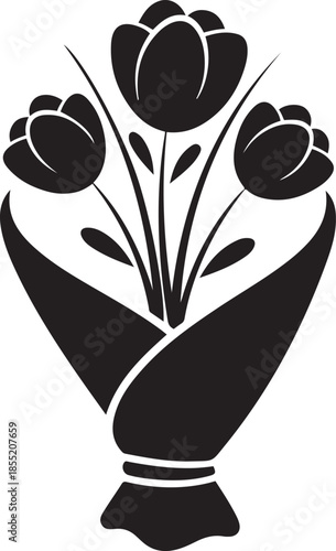 Black and white of a hand holding a bouquet of tulips