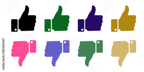 Thumbs up and thumbs down reaction icons set in multiple colors, like and dislike hand gesture symbols for positive and negative feedback rating, social media buttons, flat vector isolated
