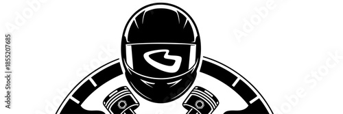 Racing driver helmet emblem with crossed pistons and steering wheel, bold black mechanic moto sport logo on transparent background