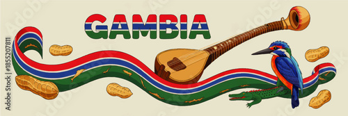 Colorful Gambia banner illustration with national flag ribbon, traditional lute, kingfisher bird, crocodile and peanuts on pastel background