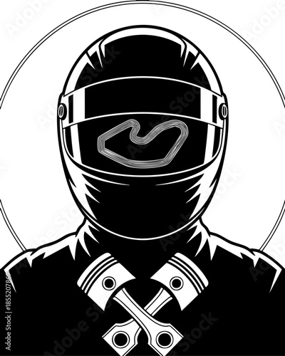 Racing driver helmet silhouette with crossed pistons and race track visor illustration, bold motorsport emblem on transparent background