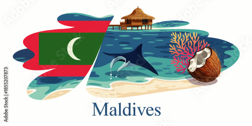 Maldives travel illustration with national flag, tropical beach, overwater bungalow, manta ray, coral reef and coconut design