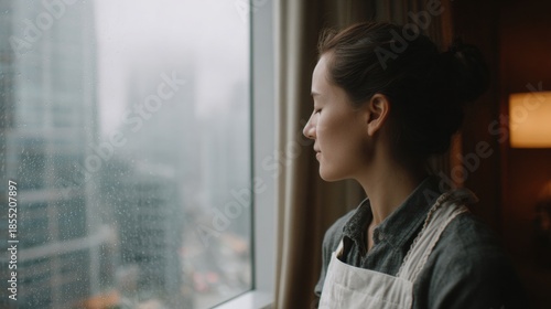 Young woman standing in front of a window, looking out at the city. she is wearing a white apron and has her hair tied up in a bun. Free Download Young woman standing in front of a window, looking out at the city. she is wearing a white apron and has her hair tied up in a bun. - GFXLoad