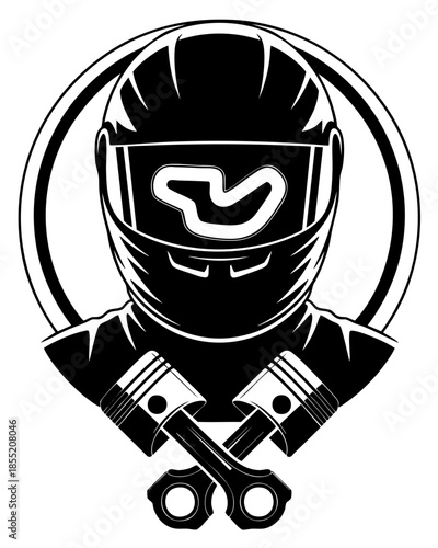 Racing helmet with crossed engine pistons logo, bold black motorsport emblem for garage, tuning shop, biker club and racing team design