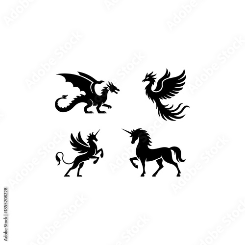 “bundle of 4 mythological creature silhouettes dragon, phoenix, unicorn, solid black vector fill, white background