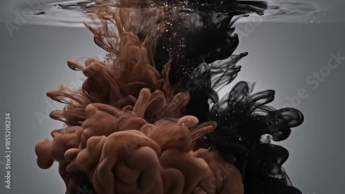 Mesmerizing dance of brown and black ink swirling in clear water, creating abstract patterns and textures.