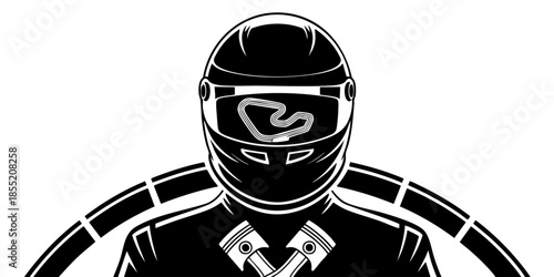 Racing driver silhouette with helmet visor track map and crossed pistons logo, bold black vector motorsport illustration on transparent background