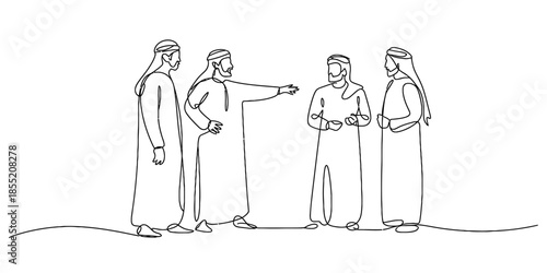 A continuous line drawing illustrating a business discussion among four arab men Vector, illustration