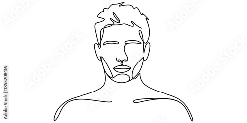 Minimalist continuous line art portrait depicting the face and shoulders of a man Vector, illustration