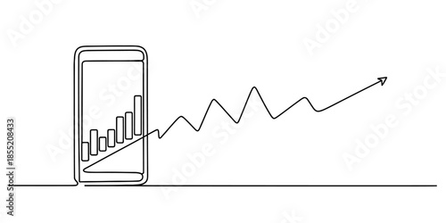 Continuous single line drawing of business growth and financial success on a smartphone screen. Vector, illustration