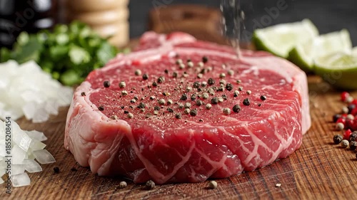 Seasoning a Raw Ribeye Steak with Peppercorns on a Wooden Board.