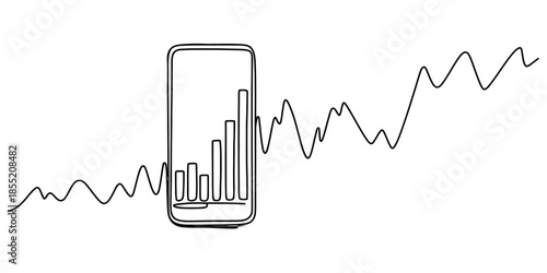 Continuous line art depicting a smartphone with a bar chart representing data growth and a fluctuating graph Vector, illustration