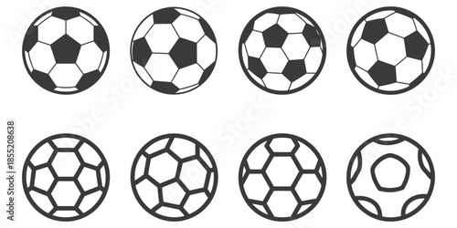 Football ball icon set, vector ball icons collection featuring various football designs, realistic and minimalist styles for sports apps
