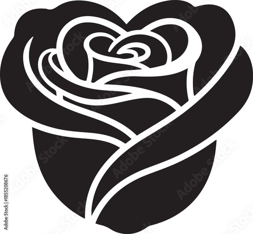 Black and white stylized rose with detailed petals and swirling center