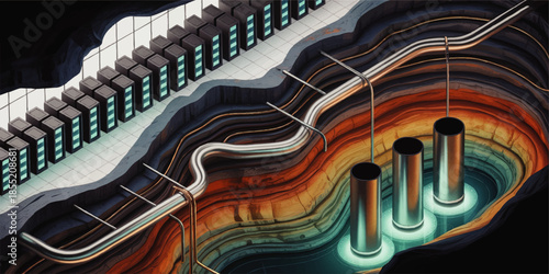 Futuristic underground data center with geothermal cooling pipes and glowing server racks in layered rock cross section illustration