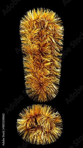 Golden, fluffy exclamation mark set against a deep black background