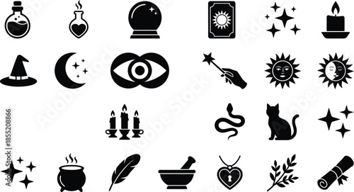 Collection of occult and esoteric symbols. Vector black silhouette icons including witch hat, astrology sign, and magic spell elements.