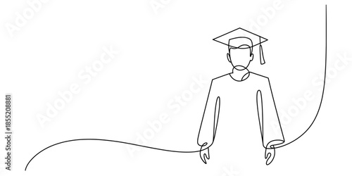 Continuous line art drawing of a graduate wearing a cap and gown, symbolizing success Vector, illustration