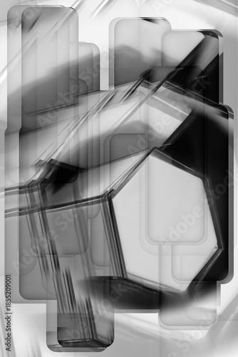 Hexagon and block shapes abstract art in monochrome black and white