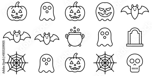 A collection of simple outline icons featuring various halloween-themed objects like pumpkins, ghosts, and bats Vector, illustration