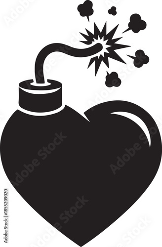 Black heart shaped bomb with explosion symbol