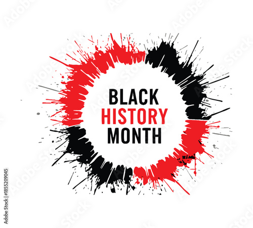 An artistic red and black ink splash design honoring black history month